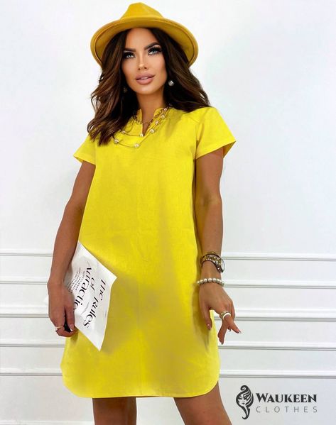 Жіноча лляна сукня вільного крою жовтого кольору р.46/48 359095 359097 фото