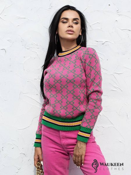 Женский свитер из хлопка розового цвета с узором р.42/46 405079 405079 фото