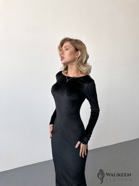 Жіноча сукня міді з велюру колір чорний р.42/44 446392 446392 фото