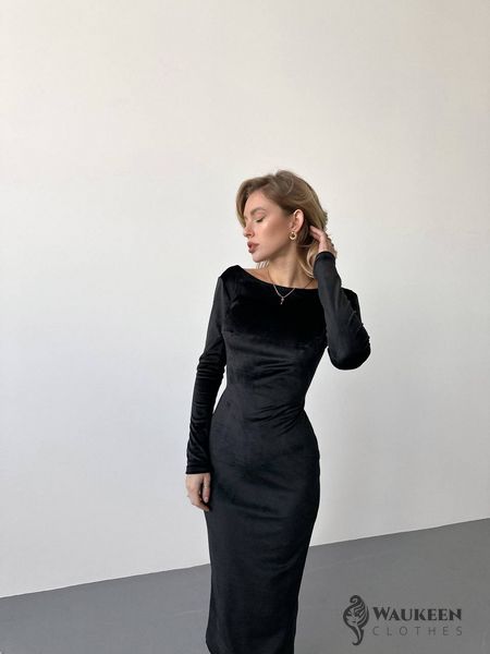 Жіноча сукня міді з велюру колір чорний р.42/44 446392 446392 фото