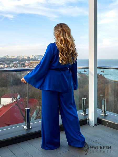 Жіночий костюм-двійка з шовку колір синій р.46/48 454688 454688 фото