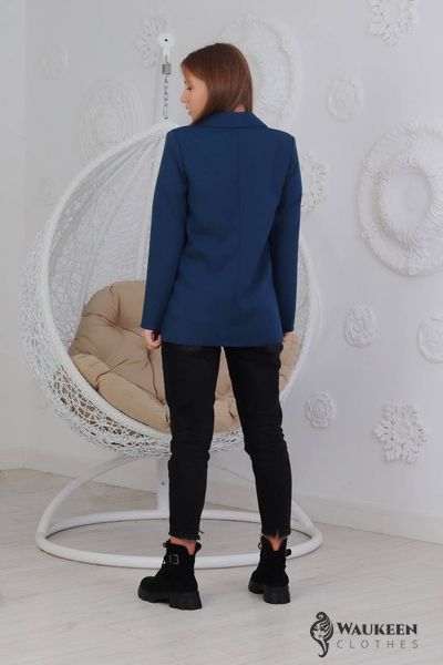 Жіночий класичний піджак з відкладним коміром із креп костюмки синього кольору р.46 357962 357962 фото
