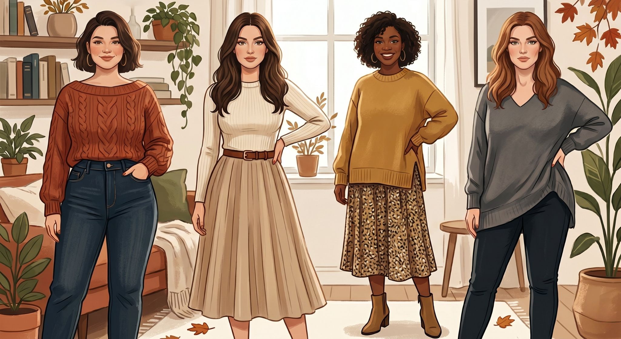 Чотири жінки-моделі різної зовнішності та статури одягнені в різноманітні фасони жіночих джемперів